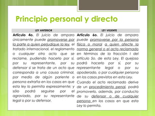 Principio personal y directo
LEY ANTERIOR LEY VIGENTE
Artículo 4o. El juicio de amparo
únicamente puede promoverse por
la parte a quien perjudique la ley, el
tratado internacional, el reglamento
o cualquier otro acto que se
reclame, pudiendo hacerlo por sí,
por su representante, por su
defensor si se trata de un acto que
corresponda a una causa criminal,
por medio de algún pariente o
persona extraña en los casos en que
esta ley lo permita expresamente; y
sólo podrá seguirse por el
agraviado, por su representante
legal o por su defensor.
Artículo 6o. El juicio de amparo
puede promoverse por la persona
física o moral a quien afecte la
norma general o el acto reclamado
en términos de la fracción I del
artículo 5o. de esta Ley. El quejoso
podrá hacerlo por sí, por su
representante legal o por su
apoderado, o por cualquier persona
en los casos previstos en esta Ley.
Cuando el acto reclamado derive
de un procedimiento penal, podrá
promoverlo, además, por conducto
de su defensor o de cualquier
persona en los casos en que esta
Ley lo permita.
 