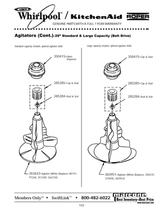 Members Only • SwiftLink™ • 800-482-6022SM
103
GENUINE PARTS WITH A FULL 1 YEAR WARRANTY
/
Agitators (Cont.)–29” Standard & Large Capacity (Belt Drive)
285285–Cap & Stud
350415–Fabric
Dispenser
Standard capacity models, splined agitator shaft. Large capacity models, splined agitator shaft.
285284–Stud & Seal
285285–Cap & Stud
350415–Cap & Stud
285284–Stud & Seal
363633–Agitator (White) (Replaces: 88191,
97206, 357200, 364230)
383951–Agitator (White) (Replaces: 358370,
370696, 383952)
 