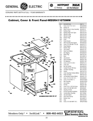 Members Only • SwiftLink™ • 800-482-6022SM
30
GENERAL ELECTRIC JC Penneys GE PartsMaster
GENUINE PARTS WITH A FULL 1 YEAR WARRANTY
Cabinet, Cover & Front Panel-WDSR4110T8WW
KEY DESCRIPTION PART #
86. Screw, 8-32 TT FL 1/2 S WH02X0940
198. Bumper Lid WH01X2722
200. Bleach Funnel & Hose Assembly WH49X314
204. Bushing Hinge WH01X2741
205. Bushing Hinge-Front Open WH01X2744
206. Wireform Hinge WH01X2740
207. Wireform Hinge WH01X2743
208. Bumper Hinge WH01X2742
209. Screw WH02X1211
215. Knob Actuator WH01X2089
367. Weld Assembly Rod Support WH46X0364
369. Screw, 8-18 AB IHW 7/16 SN WH02X1217
370. Strap Damping WH01X2727
371. Retainer Strap WH01X2726
373. Clip Locking WH02X1191
375. Panel Front (White) WH46X0345
377. Bar Shipping WH46X0344
378. Button Plug WH01X2745
379. Brace WH16X0514
380. Clip Ground WH02X1207
381. Stud Grounding WH02X1190
383. Pin Alignment WH02X1189
384. Screw, 6-20 B Trt 3/8 S WH02X1212
385. Cover Clip WH01X2723
386. Bar Self Leveling WH46X0342
387. Conduit Pressure SW Hose WH41X0368
388. Lid Switch Assembly WH12X1043
390. Isolator WH01X2724
391. Cover Assembly Finished (White) WH44X1169
392. Probe Lid Switch WH01X2734
394. Lid Assembly Finished (White) WH44X1170
417. Screw, 10-12 A HX 1/2 S WH02X0694
418. Screw, 8-18 B IHW 1 S WH02X10003
421. Base Assembly WH46X10024
431. Leg Leveling WH02X1187
432. Pin Roll WH02X1188
461. Screw, 8-32 x 3/8 Grd Screw WZ05X0158
550. Screw, 8-18 AB HWX 3/8 S WE02X0281
559. Housing Terminal WH12X0538
561. Pk Pack Assembly Installation WH49X0296
782. Terminal Block Assembly WB17X5060
820. Clip Anti-Siphon WH01X2725
825. Hose Drain External WH41X0367
834. Retainer Hose WH16X0513
835. Strap WH01X2594
836. Screw, 8-18 AB IHWP 7/8 S WH02X10002
 