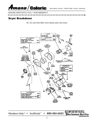 Members Only • SwiftLink™ • 800-482-6022SM
6
HE, HG and Ultra-Mate series blower parts and motor.
Dryer Breakdown
58047
General Electric (NLA)
23962
63938P
52909
503613
56170P
(NLA)
56062P
56157 (NLA)
GENUINE PARTS WITH A FULL 1 YEAR WARRANTY
/ Menu Master (Litton) • Modern Maid • Sunray • Glenwood
 