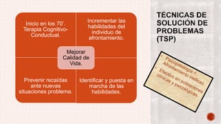 Inicio en los 70’.
Terapia Cognitivo-
Conductual.
Incrementar las
habilidades del
individuo de
afrontamiento.
Prevenir recaídas
ante nuevas
situaciones problema.
Identificar y puesta en
marcha de las
habilidades.
Mejorar
Calidad de
Vida.
 
