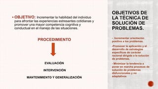  OBJETIVO: Incrementar la habilidad del individuo
para afrontar las experiencias estresantes cotidianas y
promover una mayor competencia cognitiva y
conductual en el manejo de las situaciones.
PROCEDIMIENTO •. Incrementar orientación
positiva a los problemas.
•Promover la aplicación y el
desarrollo de estrategias
específicas de carácter
racional dirigida a la solución
de problemas.
• Minimizar la tendencia a
poner en marcha procesos de
solución de problemas
disfuncionales y no
adaptativos
EVALUACIÓN
INTERVENCIÓN
MANTENIMIENTO Y GENERALIZACIÓN
 