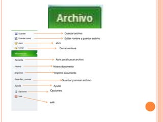 Guardar archivo

                  Editar nombre y guardar archivo
        abrir

           Cerrar ventana



        Abrir para buscar archivo

   Nuevo documento

    Imprimir documento

                Guardar y enviar archivo

   Ayuda
Opciones



salir
 