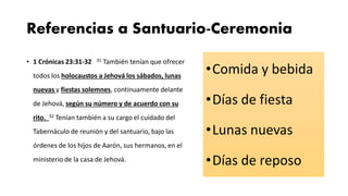Referencias a Santuario-Ceremonia
• 1 Crónicas 23:31-32 31 También tenían que ofrecer
todos los holocaustos a Jehová los sábados, lunas
nuevas y fiestas solemnes, continuamente delante
de Jehová, según su número y de acuerdo con su
rito. 32 Tenían también a su cargo el cuidado del
Tabernáculo de reunión y del santuario, bajo las
órdenes de los hijos de Aarón, sus hermanos, en el
ministerio de la casa de Jehová.
•Comida y bebida
•Días de fiesta
•Lunas nuevas
•Días de reposo
 
