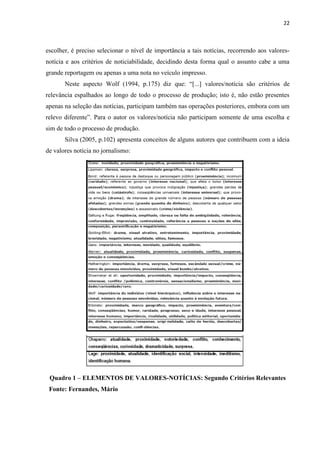 22



escolher, é preciso selecionar o nível de importância a tais notícias, recorrendo aos valores-
notícia e aos critérios de noticiabilidade, decidindo desta forma qual o assunto cabe a uma
grande reportagem ou apenas a uma nota no veículo impresso.
       Neste aspecto Wolf (1994, p.175) diz que: ―[...] valores/notícia são critérios de
relevância espalhados ao longo de todo o processo de produção; isto é, não estão presentes
apenas na seleção das notícias, participam também nas operações posteriores, embora com um
relevo diferente‖. Para o autor os valores/notícia não participam somente de uma escolha e
sim de todo o processo de produção.
       Silva (2005, p.102) apresenta conceitos de alguns autores que contribuem com a ideia
de valores notícia no jornalismo:




 Quadro 1 – ELEMENTOS DE VALORES-NOTÍCIAS: Segundo Critérios Relevantes
 Fonte: Fernandes, Mário
 