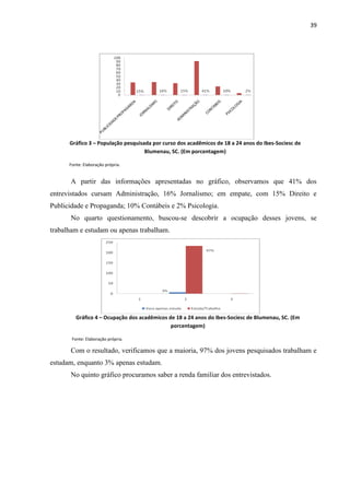 39




      Gráfico 3 – População pesquisada por curso dos acadêmicos de 18 a 24 anos do Ibes-Sociesc de
                                    Blumenau, SC. (Em porcentagem)

      Fonte: Elaboração própria.


      A partir das informações apresentadas no gráfico, observamos que 41% dos
entrevistados cursam Administração, 16% Jornalismo; em empate, com 15% Direito e
Publicidade e Propaganda; 10% Contábeis e 2% Psicologia.
      No quarto questionamento, buscou-se descobrir a ocupação desses jovens, se
trabalham e estudam ou apenas trabalham.




         Gráfico 4 – Ocupação dos acadêmicos de 18 a 24 anos do Ibes-Sociesc de Blumenau, SC. (Em
                                              porcentagem)

       Fonte: Elaboração própria.

      Com o resultado, verificamos que a maioria, 97% dos jovens pesquisados trabalham e
estudam, enquanto 3% apenas estudam.
      No quinto gráfico procuramos saber a renda familiar dos entrevistados.
 