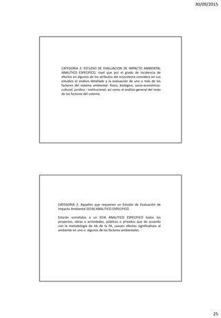 30/09/2015
25
CATEGORIA 2: ESTUDIO DE EVALUACION DE IMPACTO AMBIENTAL
ANALITICO ESPECIFICO, nivel que por el grado de incidencia de
efectos en algunos de los atributos del ecosistema considera en sus
estudios el análisis detallado y la evaluación de uno o más de los
factores del sistema ambiental: físico, biológico, socio-económico-
cultural, jurídico - institucional; así como el análisis general del resto
de los factores del sistema.
CATEGORIA 2: Aquellos que requieren un Estudio de Evaluación de
Impacto Ambiental (EEIA) ANALITICO ESPECIFICO.
Estarán sometidos a un EEIA ANALITICO ESPECIFICO todos los
proyectos, obras o actividades, públicos o privados que de acuerdo
con la metodología de IIA de la FA, causen efectos significativos al
ambiente en uno o algunos de los factores ambientales.
 