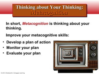 Thinking about Your Thinking:
                     Thinking about Your Thinking:
                                     Metacognition
                                     Metacognition
       In short, Metacognition is thinking about your
       thinking.
       Improve your metacognitive skills:
  • Develop a plan of action
  • Monitor your plan
  • Evaluate your plan



© 2012 Wadsworth, Cengage Learning
 