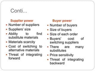 Conti...
Supplier power Buyer power
 Number of suppliers
 Suppliers’ size
 Ability to find
substitute materials
 Materials scarcity
 Cost of switching to
alternative materials
 Threat of integrating
forward
 Number of buyers
 Size of buyers
 Size of each order
 Buyers’ cost of
switching suppliers
 There are many
substitutes
 Price sensitivity
 Threat of integrating
backward
 