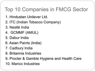 Top 10 Companies in FMCG Sector
1. Hindustan Unilever Ltd.
2. ITC (Indian Tobacco Company)
3. Nestlé India
4. GCMMF (AMUL)
5. Dabur India
6. Asian Paints (India)
7. Cadbury India
8. Britannia Industries
9. Procter & Gamble Hygiene and Health Care
10. Marico Industries
 