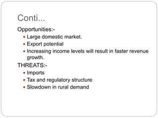 Conti...
Opportunities:-
 Large domestic market.
 Export potential
 Increasing income levels will result in faster revenue
growth.
THREATS:-
 Imports
 Tax and regulatory structure
 Slowdown in rural demand
 