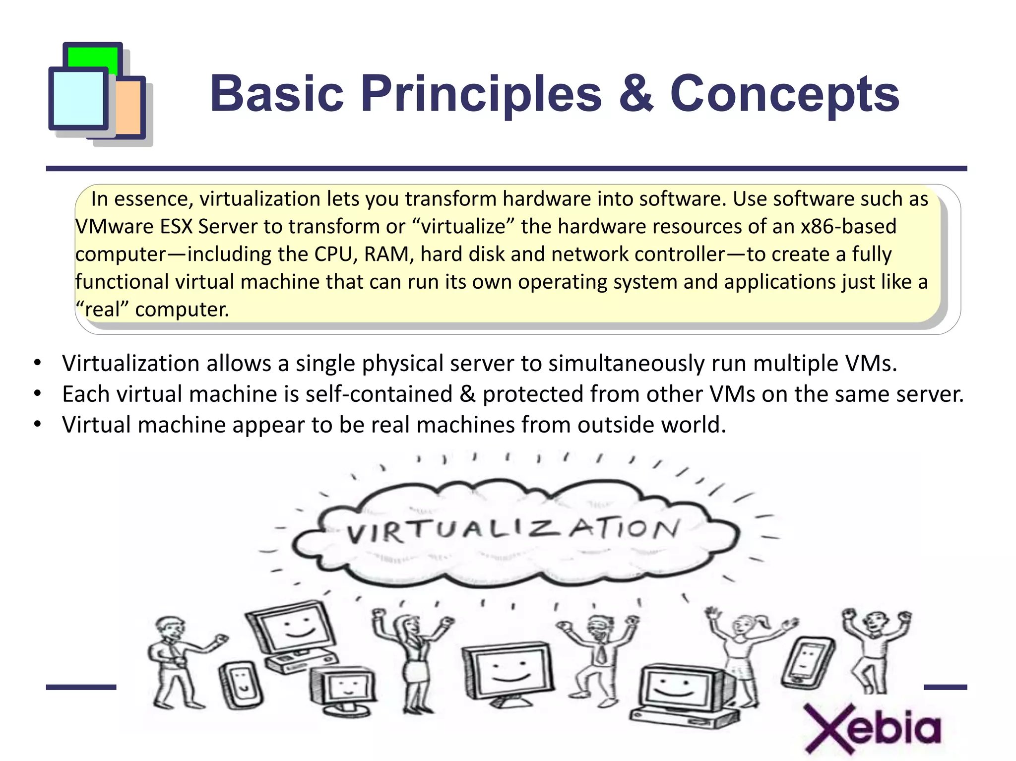 In essence, virtualization lets you transform hardware into software. Use software such as
VMware ESX Server to transform or “virtualize” the hardware resources of an x86-based
computer—including the CPU, RAM, hard disk and network controller—to create a fully
functional virtual machine that can run its own operating system and applications just like a
“real” computer.
Basic Principles & Concepts
• Virtualization allows a single physical server to simultaneously run multiple VMs.
• Each virtual machine is self-contained & protected from other VMs on the same server.
• Virtual machine appear to be real machines from outside world.
 