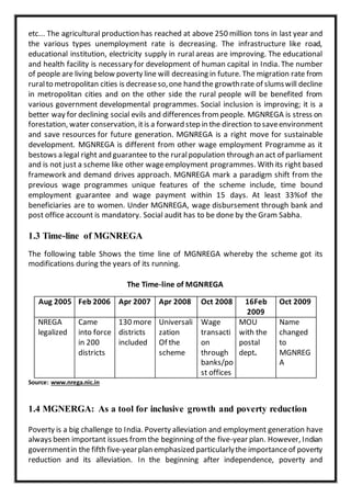 etc... The agricultural production has reached at above 250 million tons in last year and
the various types unemployment rate is decreasing. The infrastructure like road,
educational institution, electricity supply in rural areas are improving. The educational
and health facility is necessary for development of human capital in India. The number
of people are living below poverty line will decreasing in future. The migration rate from
ruralto metropolitan cities is decreaseso,one hand the growthrate of slumswill decline
in metropolitan cities and on the other side the rural people will be benefited from
various government developmental programmes. Social inclusion is improving; it is a
better way for declining social evils and differences from people. MGNREGA is stress on
forestation, water conservation, itis a forward step in the direction to saveenvironment
and save resources for future generation. MGNREGA is a right move for sustainable
development. MGNREGA is different from other wage employment Programme as it
bestows a legal right and guarantee to the ruralpopulation through an act of parliament
and is not just a scheme like other wageemployment programmes. With its right based
framework and demand drives approach. MGNREGA mark a paradigm shift from the
previous wage programmes unique features of the scheme include, time bound
employment guarantee and wage payment within 15 days. At least 33%of the
beneficiaries are to women. Under MGNREGA, wage disbursement through bank and
post office account is mandatory. Social audit has to be done by the Gram Sabha.
1.3 Time-line of MGNREGA
The following table Shows the time line of MGNREGA whereby the scheme got its
modifications during the years of its running.
The Time-line of MGNREGA
Aug 2005 Feb 2006 Apr 2007 Apr 2008 Oct 2008 16Feb
2009
Oct 2009
NREGA
legalized
Came
into force
in 200
districts
130 more
districts
included
Universali
zation
Of the
scheme
Wage
transacti
on
through
banks/po
st offices
MOU
with the
postal
dept.
Name
changed
to
MGNREG
A
Source: www.nrega.nic.in
1.4 MGNERGA: As a tool for inclusive growth and poverty reduction
Poverty is a big challenge to India. Poverty alleviation and employment generation have
always been important issues fromthe beginning of the five-year plan. However, Indian
governmentin the fifth five-yearplan emphasized particularlythe importanceof poverty
reduction and its alleviation. In the beginning after independence, poverty and
 