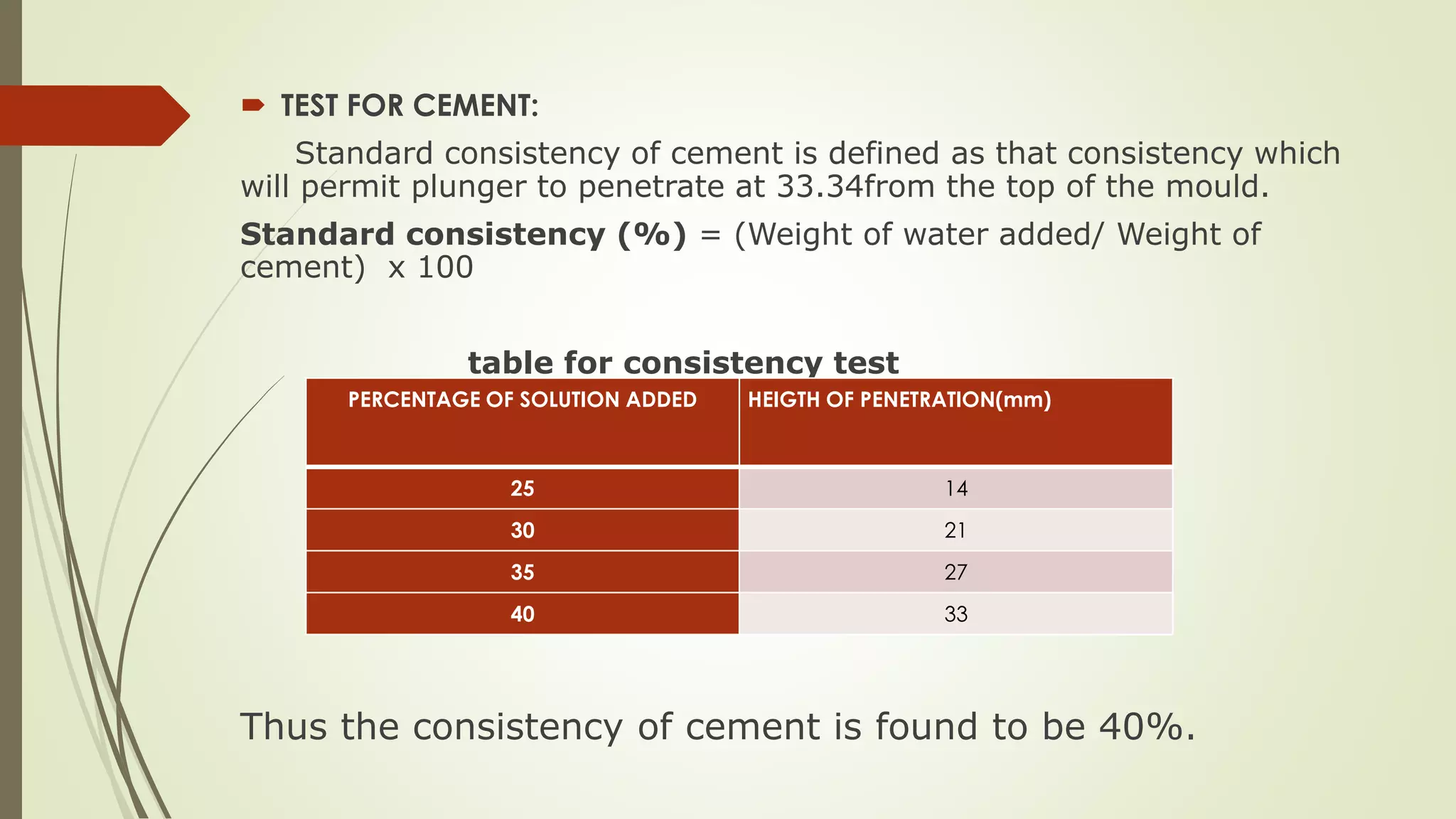  TEST FOR CEMENT:
Standard consistency of cement is defined as that consistency which
will permit plunger to penetrate at 33.34from the top of the mould.
Standard consistency (%) = (Weight of water added/ Weight of
cement) x 100
table for consistency test
Thus the consistency of cement is found to be 40%.
PERCENTAGE OF SOLUTION ADDED HEIGTH OF PENETRATION(mm)
25 14
30 21
35 27
40 33
 