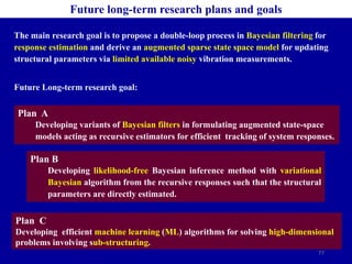 77
The main research goal is to propose a double-loop process in Bayesian filtering for
response estimation and derive an augmented sparse state space model for updating
structural parameters via limited available noisy vibration measurements.
Plan A
Developing variants of Bayesian filters in formulating augmented state-space
models acting as recursive estimators for efficient tracking of system responses.
Plan B
Developing likelihood-free Bayesian inference method with variational
Bayesian algorithm from the recursive responses such that the structural
parameters are directly estimated.
Plan C
Developing efficient machine learning (ML) algorithms for solving high-dimensional
problems involving sub-structuring.
Future Long-term research goal:
Future long-term research plans and goals
 