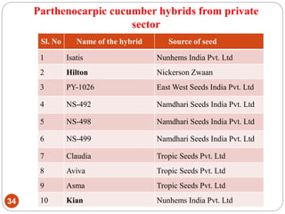 Parthenocarpic cucumber hybrids from private
sector
34
Sl. No Name of the hybrid Source of seed
1 Isatis Nunhems India Pvt. Ltd
2 Hilton Nickerson Zwaan
3 PY-1026 East West Seeds India Pvt. Ltd
4 NS-492 Namdhari Seeds India Pvt. Ltd
5 NS-498 Namdhari Seeds India Pvt. Ltd
6 NS-499 Namdhari Seeds India Pvt. Ltd
7 Claudia Tropic Seeds Pvt. Ltd
8 Aviva Tropic Seeds Pvt. Ltd
9 Asma Tropic Seeds Pvt. Ltd
10 Kian Nunhems India Pvt. Ltd
 