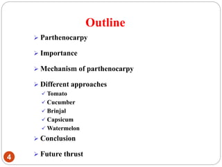 Outline
4
 Parthenocarpy
 Importance
 Mechanism of parthenocarpy
 Different approaches
 Tomato
 Cucumber
 Brinjal
 Capsicum
 Watermelon
 Conclusion
 Future thrust
 