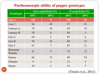 Parthenocarpic ability of pepper genotypes
47
Genotypes
Zero seeds/fruit (%) <5 seeds/fruit (%)
100 C 200 C 100 C 200 C
Line 3 100 73 100 82
Line 1 96 49 97 91
Lamuyo A 78 10 84 16
Lamuyo B 70 0 89 3
Gen A 64 2 83 6
Gen B 70 10 88 15
Gen C 63 7 83 31
Bruinsma
Wonder
51 9 74 12
Serena 66 13 89 24
Orlando 9 2 22 2
Mazur 20 5 33 7
(Tiwari et al., 2011)
 
