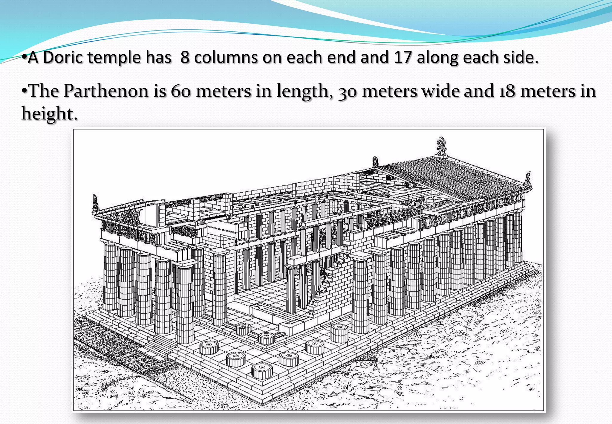 •A Doric temple has 8 columns on each end and 17 along each side.
•The Parthenon is 60 meters in length, 30 meters wide and 18 meters in
height.
 