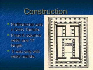 ConstructionConstruction
Parthenonas wasParthenonas was
a Doric Temple.a Doric Temple.
It had 8 columnsIt had 8 columns
width and 17width and 17
length.length.
It was only withIt was only with
white marble.white marble.