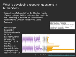 •  frequency per
thousand of
Christian elements
for B8 is
significantly lower
compared to
B9&10 (0.25, 2.0,
and 2.0)
•  the change in
terms of Christian
language usage
lies between B8&9
Source: Clavs Povlsen https://www.clarin.eu/showcase/gesta-danorum
•  frequent use of elements from the Christian register
of words indicates that the topic described has to do
with Christianity in this case the transition from
heathen to the Christian period in the Gesta
Danorum
What is developing research questions in
humanities?
 