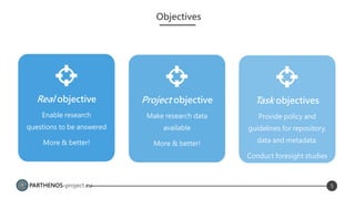 PARTHENOS-project.eu 5
Objectives
Task objectives
Provide policy and
guidelines for repository,
data and metadata.
Conduct foresight studies
Project objective
Make research data
available
More & better!
Real objective
Enable research
questions to be answered
More & better!
 