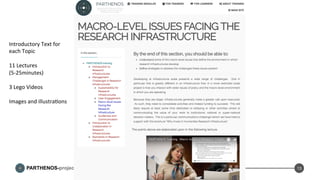 PARTHENOS-project.eu
training.parthenos-project.eu
13
Introductory	
  Text	
  for	
  
each	
  Topic	
  
	
  
11	
  Lectures	
  	
  
(5-­‐25minutes)	
  
	
  
3	
  Lego	
  Videos	
  
	
  
Images	
  and	
  illustraDons	
  
	
  
	
  
 