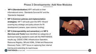 PARTHENOS-project.eu
Phase 2 Developments: Add New Modules
•  WP 4 (Standardization) WP7 will build on their
informational comic, ‘Standards Survival Kit’ and the
‘Standards Helpdesk’
•  WP 3 (Common policies and implementation
strategies): WP 7 will build upon the WP3 ‘Wizard’
covering key strategic and policy drivers for RI
development (careers, open science, funding)
•  WP 5 (Interoperability and semantics) and WP 6
(Services and Tools) have identified six categories of
technical training needed to work with the PARTHENOS
results (eg. CIDOC-CRM, Infrastructure Operation,
Resource Registry, 3M and X3ML, D-Net and Resources
Discovery Tools.) WP7 focus on capturing their internal
training and extending its reach/reuse.
17
 