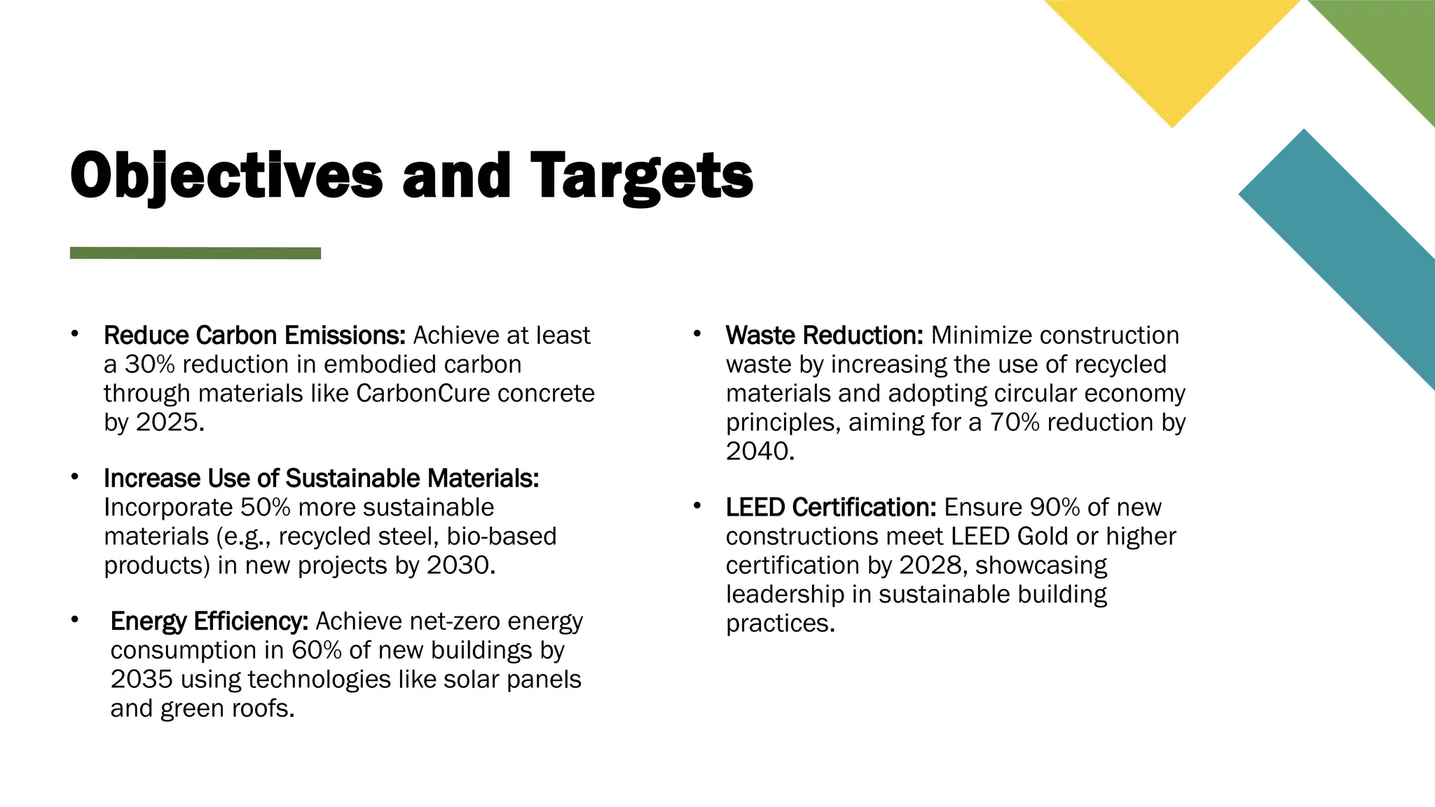 Objectives and Targets
• Reduce Carbon Emissions: Achieve at least
a 30% reduction in embodied carbon
through materials like CarbonCure concrete
by 2025.
• Increase Use of Sustainable Materials:
Incorporate 50% more sustainable
materials (e.g., recycled steel, bio-based
products) in new projects by 2030.
• Energy Efficiency: Achieve net-zero energy
consumption in 60% of new buildings by
2035 using technologies like solar panels
and green roofs.
• Waste Reduction: Minimize construction
waste by increasing the use of recycled
materials and adopting circular economy
principles, aiming for a 70% reduction by
2040.
• LEED Certification: Ensure 90% of new
constructions meet LEED Gold or higher
certification by 2028, showcasing
leadership in sustainable building
practices.
 
