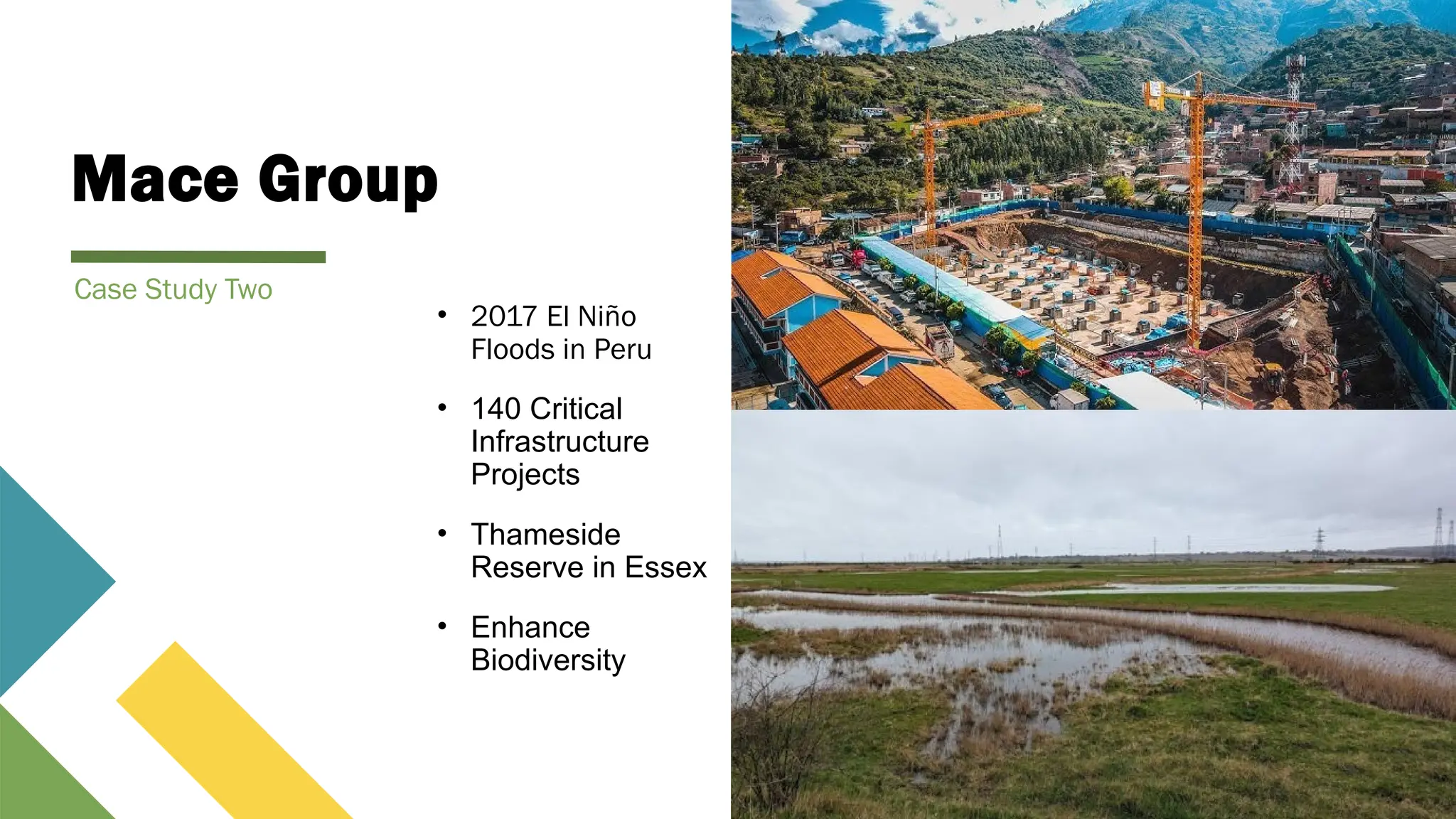 Mace Group
• 2017 El Niño
Floods in Peru
• 140 Critical
Infrastructure
Projects
• Thameside
Reserve in Essex
• Enhance
Biodiversity
Case Study Two
 