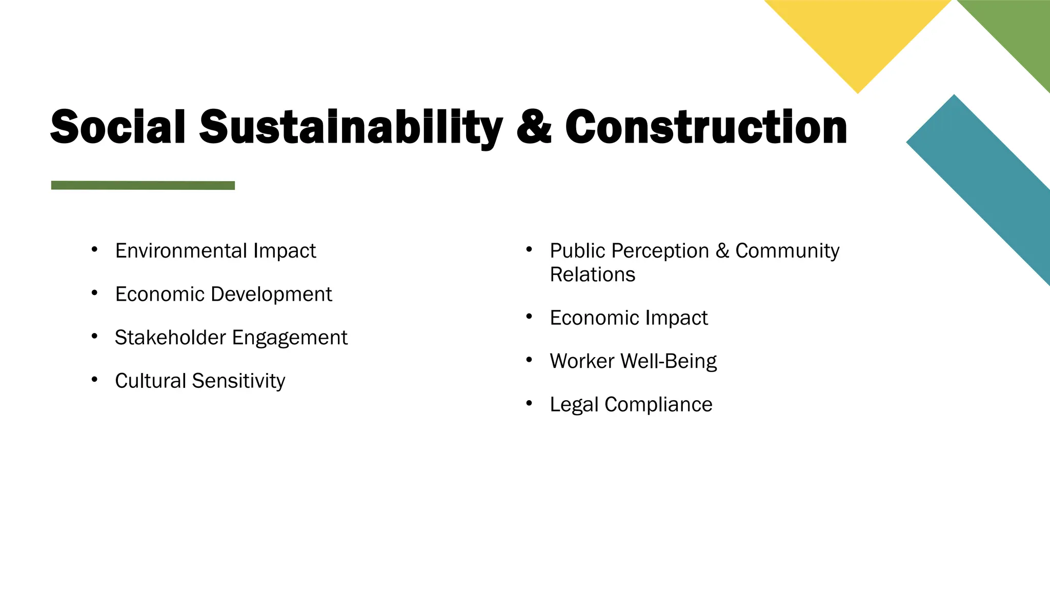 Social Sustainability & Construction
• Environmental Impact
• Economic Development
• Stakeholder Engagement
• Cultural Sensitivity
• Public Perception & Community
Relations
• Economic Impact
• Worker Well-Being
• Legal Compliance
 