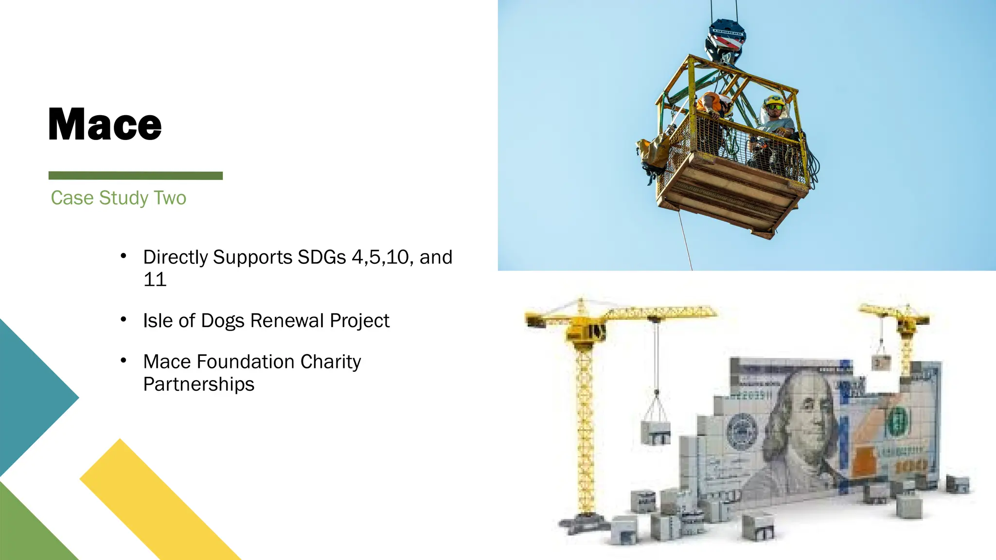 Mace
• Directly Supports SDGs 4,5,10, and
11
• Isle of Dogs Renewal Project
• Mace Foundation Charity
Partnerships
Case Study Two
 