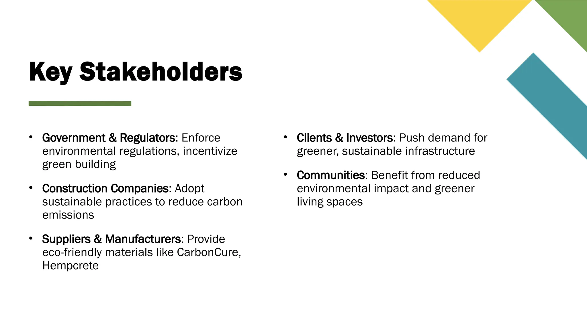 Key Stakeholders
• Government & Regulators: Enforce
environmental regulations, incentivize
green building
• Construction Companies: Adopt
sustainable practices to reduce carbon
emissions
• Suppliers & Manufacturers: Provide
eco-friendly materials like CarbonCure,
Hempcrete
• Clients & Investors: Push demand for
greener, sustainable infrastructure
• Communities: Benefit from reduced
environmental impact and greener
living spaces
 