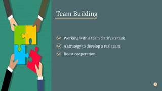 Team Building
Working with a team clarify its task.
A strategy to develop a real team.
Boost cooperation.
 
