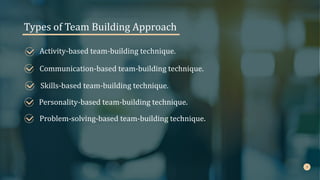 Skills-based team-building technique.
Types of Team Building Approach
Activity-based team-building technique.
Problem-solving-based team-building technique.
Personality-based team-building technique.
Communication-based team-building technique.
 