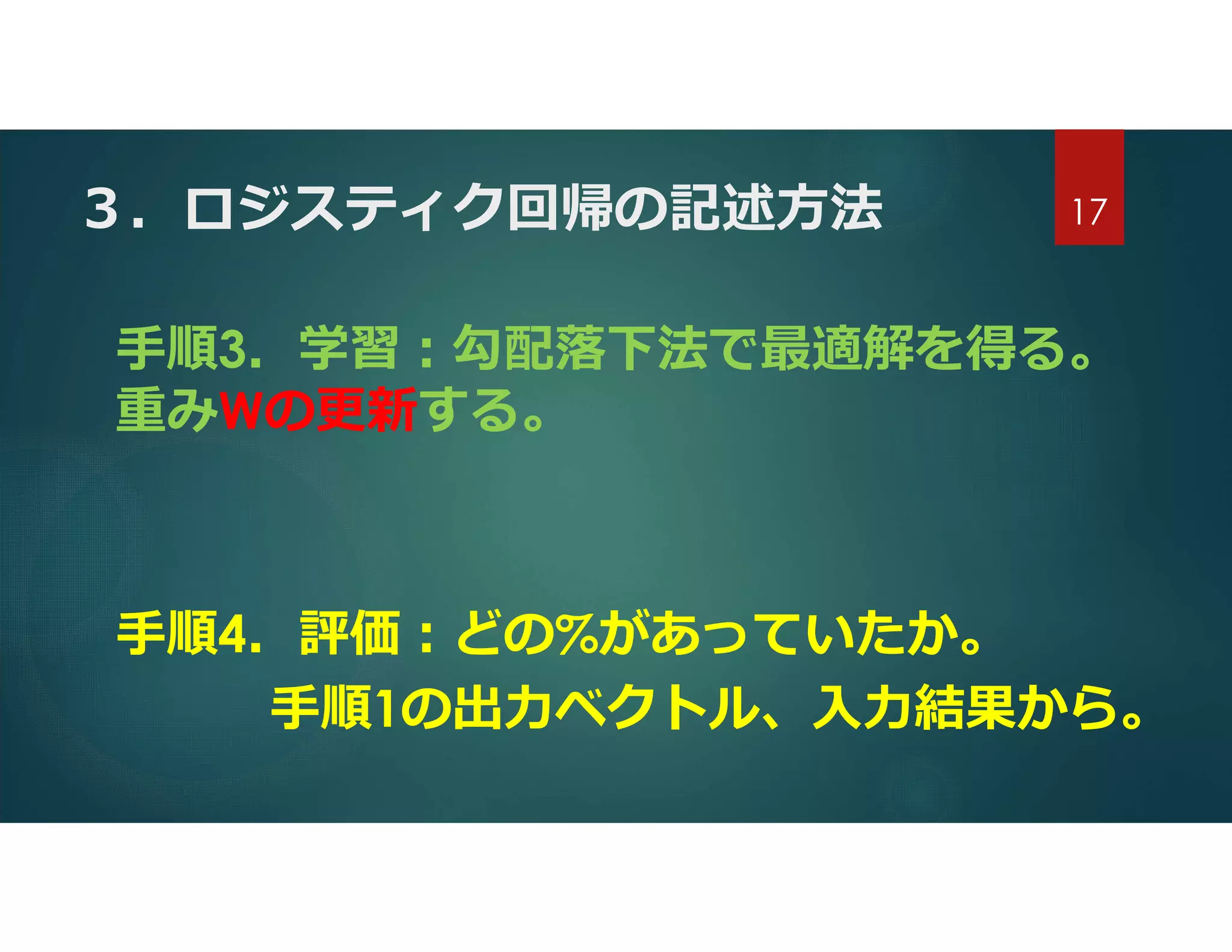 ３．ロジスティク回帰の記述方法
手順3．学習:勾配落下法で最適解を得る。
重みWの更新する。
手順4．評価:どの%があっていたか。
手順1の出力ベクトル、入力結果から。
17
 