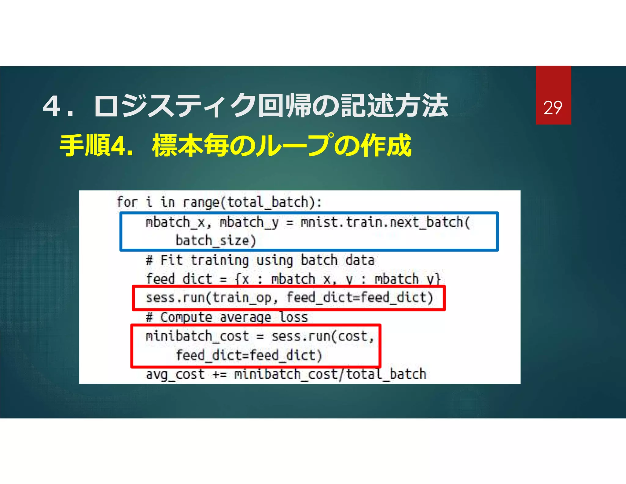 ４．ロジスティク回帰の記述方法
手順4．標本毎のループの作成
29
 