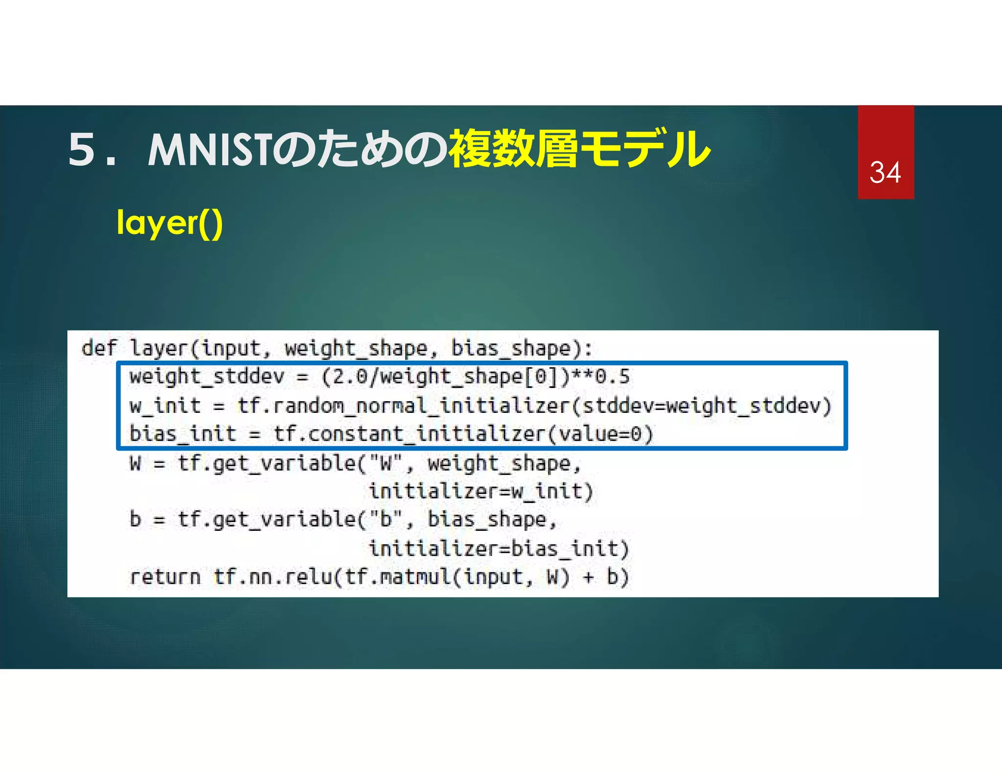 ５．MNISTのための複数層モデル
layer()
34
 