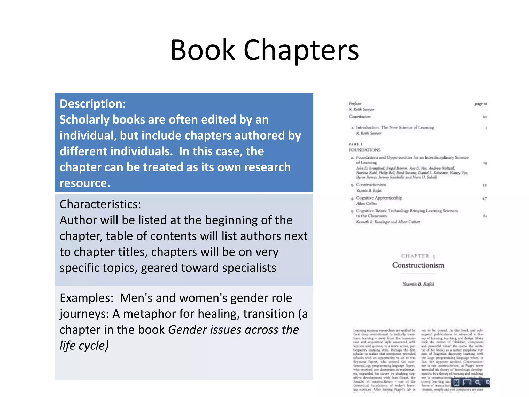 Book Chapters
Description:
Scholarly books are often edited by an
individual, but include chapters authored by
different individuals. In this case, the
chapter can be treated as its own research
resource.
Characteristics:
Author will be listed at the beginning of the
chapter, table of contents will list authors next
to chapter titles, chapters will be on very
specific topics, geared toward specialists
Examples: Men's and women's gender role
journeys: A metaphor for healing, transition (a
chapter in the book Gender issues across the
life cycle)

 