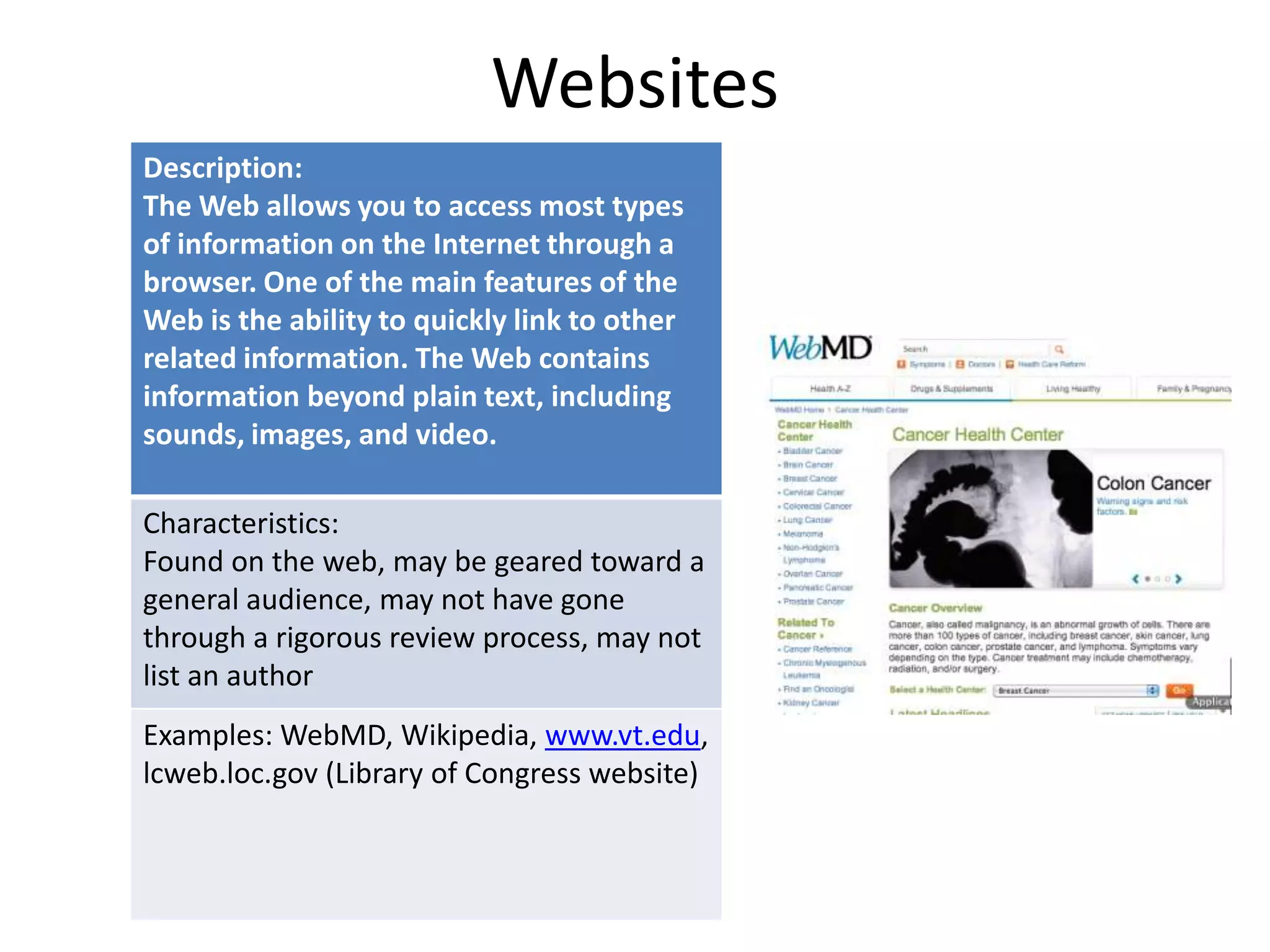 Websites
Description:
The Web allows you to access most types
of information on the Internet through a
browser. One of the main features of the
Web is the ability to quickly link to other
related information. The Web contains
information beyond plain text, including
sounds, images, and video.
Characteristics:
Found on the web, may be geared toward a
general audience, may not have gone
through a rigorous review process, may not
list an author

Examples: WebMD, Wikipedia, www.vt.edu,
lcweb.loc.gov (Library of Congress website)

 