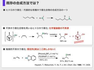 既存の合成方法では？
■ 触媒的不斉ホウ素化: 限定的(実は二三例しかない）
Ph
[Rh(cod)2]BF4 (1 mol %)
(R)-BINAP (1 mol %)
–78°C, 6 h
O
HB
O
+ Ph
B(cat)
91%, 96.2 % ee
Hayashi, T.; Matsumoto, Y.; Ito, Y. J. Am. Chem. Soc. 1989, 111, 3426.!
■ 不斉ホウ素化合物を用いるヒドロホウ素化: 化学量論量の不斉源
BH
2 +
H B(ipc)2 H OHoxidation
99% ee
OH
+ 2
H B+
H
B
■ ヒドロホウ素化：代表的な有機ホウ素化合物の合成方法の一つ
 