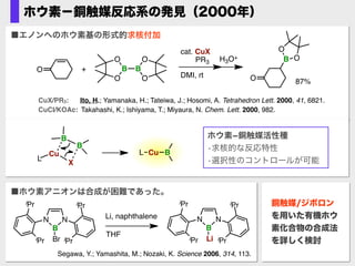 ホウ素−銅触媒反応系の発見（2000年）
Segawa, Y.; Yamashita, M.; Nozaki, K. Science 2006, 314, 113.
NN
B
Br
iPr
iPr iPr
iPr
NN
B
Li
iPr
iPr iPr
iPr
Li, naphthalene
THF
■ホウ素アニオンは合成が困難であった。
CuCl/KOAc: Takahashi, K.; Ishiyama, T.; Miyaura, N. Chem. Lett. 2000, 982.
CuX/PR3: Ito, H.; Yamanaka, H.; Tateiwa, J.; Hosomi, A. Tetrahedron Lett. 2000, 41, 6821.
+
cat. CuX
PR3
DMI, rt
H3O+
O
O
B
B B
O
OO
O
O
O
87%
■エノンへのホウ素基の形式的求核付加
Cu
X
B
B
Cu B
L
L
ホウ素­銅触媒活性種 
•求核的な反応特性 
•選択性のコントロールが可能
銅触媒/ジボロン
を用いた有機ホウ
素化合物の合成法
を詳しく検討
 