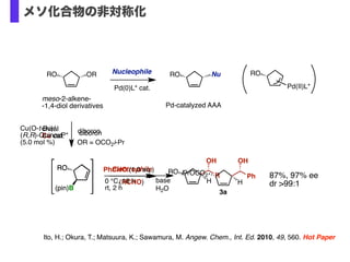 Ito, H.; Okura, T.; Matsuura, K.; Sawamura, M. Angew. Chem., Int. Ed. 2010, 49, 560. Hot Paper
chiral
Cu cat.
RO
H
OH
R
Electrophile
(RCHO)
RO
(pin)B
diboron
RO
(pin)B
diboronCu(O-t-Bu)/
(R,R)-QuinoxP*
(5.0 mol %)
base
H2O
iPrOCO2
H
Ph
OH
PhCHO (1.0 eq.)
3a
0 °C, 18 h
rt, 2 h
OR = OCO2i-Pr
87%, 97% ee
dr >99:1
ORRO NuRONucleophile
meso-2-alkene-
-1,4-diol derivatives Pd-catalyzed AAA
RO
Pd(II)L*Pd(0)L* cat.
メソ化合物の非対称化
 