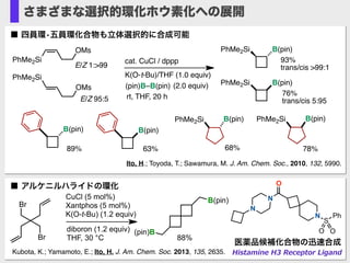 Ito, H.; Toyoda, T.; Sawamura, M. J. Am. Chem. Soc., 2010, 132, 5990.
(pin)B–B(pin)
PhMe2Si
OMs
cat. CuCl / dppp
K(O-t-Bu)/THF (1.0 equiv)
(2.0 equiv)
rt, THF, 20 h
93%
trans/cis >99:1E/Z 1:>99
PhMe2Si
OMs
PhMe2Si B(pin)
76%
trans/cis 5:95E/Z 95:5
PhMe2Si B(pin)
B(pin) B(pin)
PhMe2Si B(pin)PhMe2Si B(pin)
89% 63% 68% 78%
■ 四員環•五員環化合物も立体選択的に合成可能
さまざまな選択的環化ホウ素化への展開
O
N
S
O O
Ph
N
N
Kubota, K.; Yamamoto, E.; Ito, H. J. Am. Chem. Soc. 2013, 135, 2635. Histamine  H3  Receptor  Ligand
■ アルケニルハライドの環化
B(pin)
(pin)B
Br
Br
CuCl (5 mol%)
Xantphos (5 mol%)
K(O-t-Bu) (1.2 equiv)
diboron (1.2 equiv)
THF, 30 °C 88%
医薬品候補化合物の迅速合成
 