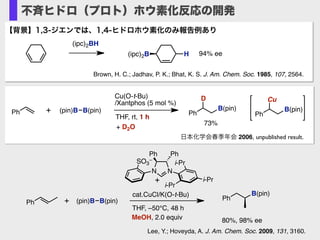 v
Brown, H. C.; Jadhav, P. K.; Bhat, K. S. J. Am. Chem. Soc. 1985, 107, 2564.
(ipc)2B 94% eeH
(ipc)2BH
【背景】1,3-ジエンでは、1,4-ヒドロホウ素化のみ報告例あり
不斉ヒドロ（プロト）ホウ素化反応の開発
Ph (pin)B B(pin)
Cu(O-t-Bu)
/Xantphos (5 mol %)
THF, rt, 26 h
+ Ph
B(pin)
B(pin)
73%
Ph (pin)B B(pin)
Cu(O-t-Bu)
/Xantphos (5 mol %)
THF, rt, 1 h
+ Ph
D
B(pin)
73%
+ D2O
Ph
Cu
B(pin)
日本化学会春季年会 2006, unpublished result.
N N
Ph Ph
i-Pr
i-Pr
i-Pr
SO3
–
Ph (pin)B B(pin)+
cat.CuCl/K(O-t-Bu)
THF, –50°C, 48 h
MeOH, 2.0 equiv
+
Ph
B(pin)
80%, 98% ee
Lee, Y.; Hoveyda, A. J. Am. Chem. Soc. 2009, 131, 3160.
 