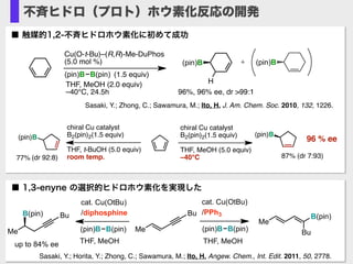 v
■ 触媒的1,2-不斉ヒドロホウ素化に初めて成功
Sasaki, Y.; Zhong, C.; Sawamura, M.; Ito, H. J. Am. Chem. Soc. 2010, 132, 1226.
(pin)B (pin)B+
THF, MeOH (2.0 equiv)
–40°C, 24.5h
Cu(O-t-Bu)–(R,R)-Me-DuPhos
(5.0 mol %)
(pin)B B(pin) (1.5 equiv)
96%, 96% ee, dr >99:1
H
v Me
Me
BuB(pin) B(pin)
BuMe
Bu
cat. Cu(OtBu)
/diphosphine
(pin)B B(pin)
THF, MeOH
cat. Cu(OtBu)
/PPh3
(pin)B B(pin)
THF, MeOHup to 84% ee
■ 1,3-enyne の選択的ヒドロホウ素化を実現した
Sasaki, Y.; Horita, Y.; Zhong, C.; Sawamura, M.; Ito, H. Angew. Chem., Int. Edit. 2011, 50, 2778.
不斉ヒドロ（プロト）ホウ素化反応の開発
(pin)B (pin)B
96 % ee
chiral Cu catalyst
B2(pin)2(1.5 equiv)
THF, t-BuOH (5.0 equiv)
room temp.77% (dr 92:8)
chiral Cu catalyst
B2(pin)2(1.5 equiv)
THF, MeOH (5.0 equiv)
–40°C 87% (dr 7:93)
 
