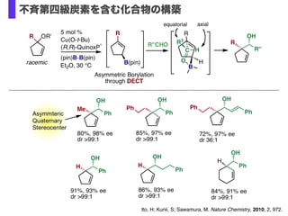 Ito, H; Kunii, S; Sawamura, M. Nature Chemistry, 2010, 2, 972.
不斉第四級炭素を含む化合物の構築
 