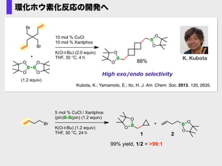 K. Kubota
Kubota, K.; Yamamoto, E.; Ito, H. J. Am. Chem. Soc. 2013, 135, 2635.
B
B
88%
O
O
O
O
O
B
O
B
O
O
(1.2 equiv)
Br
Br
+
10 mol % CuCl
10 mol % Xantphos
K(O-t-Bu) (2.0 equiv)
THF, 30 °C, 4 h
High  exo/endo  selectivity
環化ホウ素化反応の開発へ
5 mol % CuCl / Xantphos
(pin)B-B(pin) (1.2 equiv)
K(O-t-Bu) (1.2 equiv)
THF, 30 °C, 24 h
B
O
O
+Br B
O
O
1 2
99% yield, 1/2 = >99:1
 