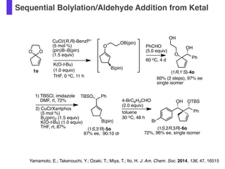 Sequential Bolylation/Aldehyde Addition from Ketal
1) TBSCl, imidazole
DMF, rt, 72%
2) CuCl/Xantphos
(5 mol %)
B2(pin)2 (1.5 equiv)
K(O-t-Bu) (1.0 equiv)
THF, rt, 87%
TBSO Ph
B(pin)
OTBSOH
Ph
(1S,2R,3R)-6o
72%, 96% ee, single isomer
(1S,3'R)-5o
97% ee, 90:10 dr
4-BrC6H4CHO
(2.0 equiv)
PhCHO
(5.0 equiv)
60 oC, 4 d
60% (2 steps), 97% ee
single isomer
OH
O
Ph
OO
O
OB(pin)
B(pin)
1o
OH
CuCl/(R,R)-BenzP*
(5 mol %)
(pin)B–B(pin)
(1.5 equiv)
Br
toluene
30 oC, 48 h
K(O-t-Bu)
(1.0 equiv)
THF, 0 oC, 11 h
(1R,1'S)-4o
Yamamoto, E.; Takenouchi, Y.; Ozaki, T.; Miya, T.; Ito, H. J. Am. Chem. Soc. 2014, 136, 47, 16515
 