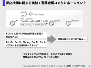 遷移金属の触媒作用ではない
68
Pd, Cu, Fe, Ni, Rh, Ag, Co, Pt, Ru, Ir 
の添加による加速効果は見られず
KOMe 試薬のICP発光分析遷移金属は 
検出限界以下
Yamamoto, E.; Izumi, K.; Horita, Y.; Ito, H. J. Am. Chem. Soc. 2012, 134, 19997–20000.
反応機構に関する実験：遷移金属コンタミネーション？
そもそもこのような反応は、どのような遷移金属の
触媒反応においても、知られていない
 